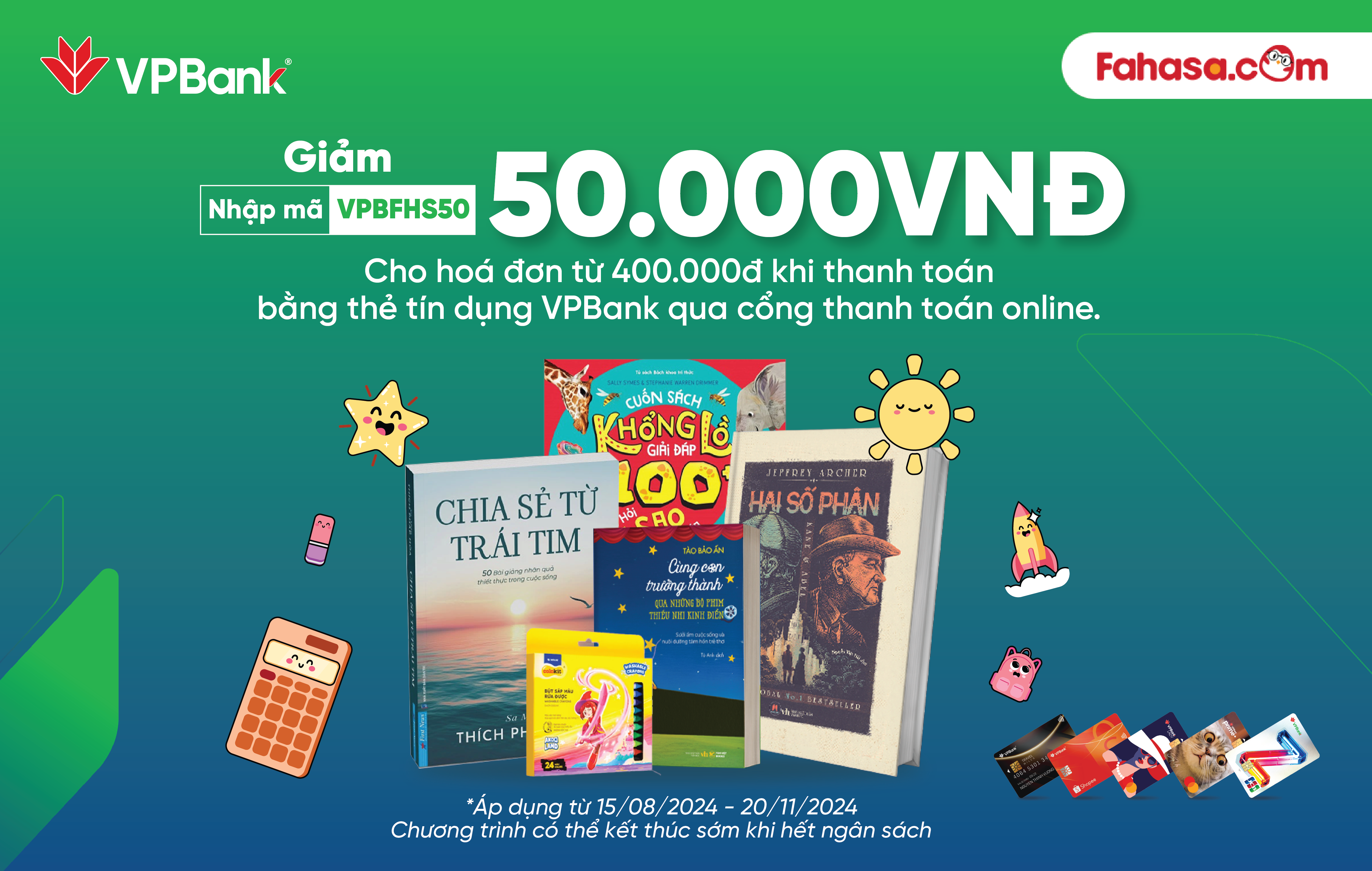 Ưu đãi chi tiêu giảm 500K dành cho chủ thẻ tín dụng VPBank tại FAHASA